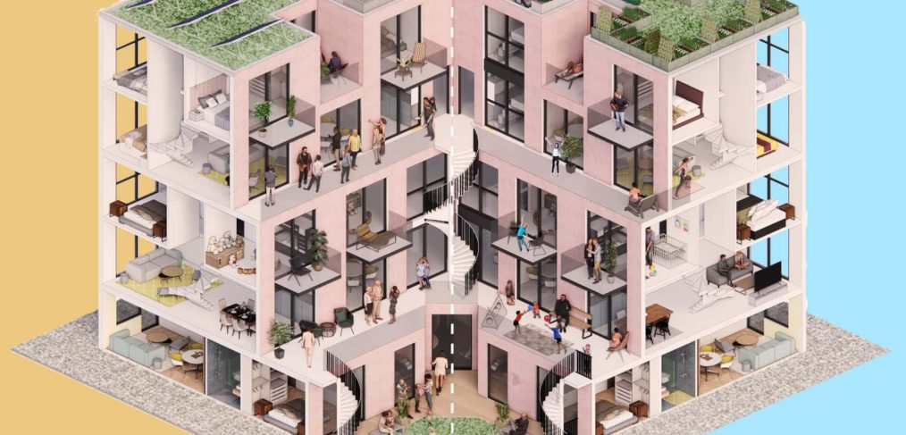 Section drawing of the cohousing block proposed in 'Together: Social proximity at a distance through adaptive use design'
