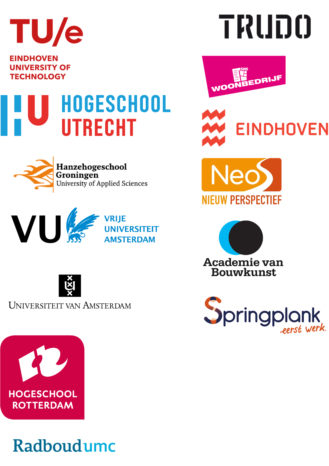 Logos of the Passende Huisvesting consortium partners: Eindhoven University of Technology, Hogeschool Utrecht, Hanze University of Applied Sciences, Vrije Universiteit Amsterdam, University of Amsterdam, Hogeschool Rotterdam, Radboud University Medical Center, Trudo Housing Association, Woonbedrijf Housing Association, Gemeente Eindhoven, NEOS, Academie van Bouwkunst Rotterdam, and Springplank